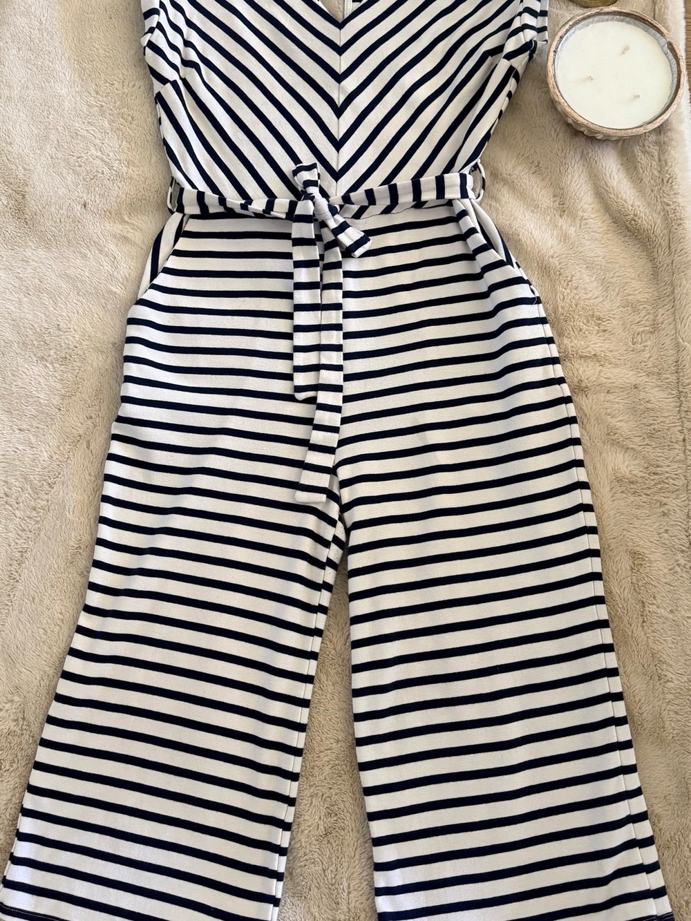 Monteau Navy and White Striped V-Neck Wide-Leg Jumpsuit with Belt